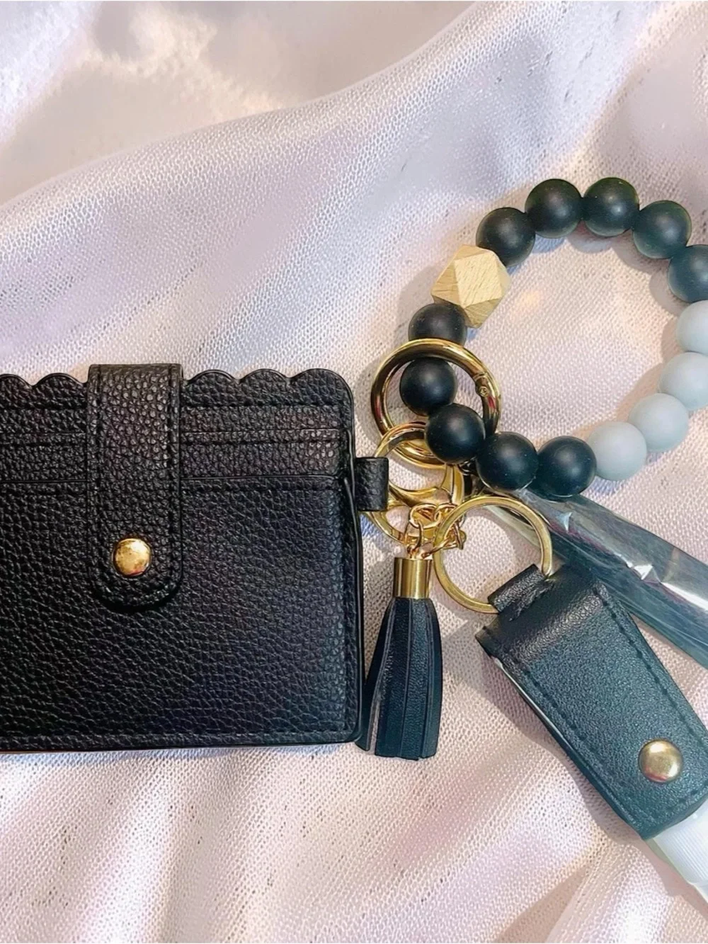 Black card wallet silicone Beaded wristlet